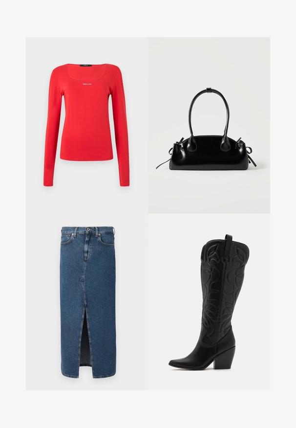 Replay SQUARED NECK - Camiseta de manga larga - red; Falda lápiz de mezclilla en azul intermedio con una abertura frontal, diseño clásico de cinco bolsillos y cierre de botón en la cintura. Textura suave.; Botas negras de cuero hasta la rodilla con punta puntiaguda y tacón apilado. Presentan costuras decorativas y elementos de diseño curvados.; Pequeño bolso negro brillante con dos asas largas y detalles de cordón lateral sobre un fondo claro liso.