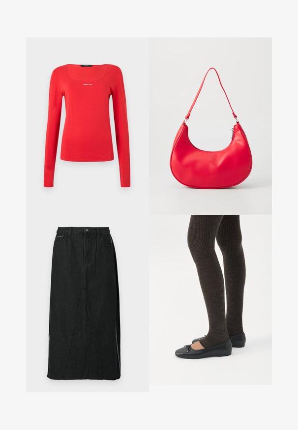 Replay SQUARED NECK - Camiseta de manga larga - red; Falda de mezclilla negra con cintura alta, corte recto y costuras inclinadas únicas. Presenta aberturas laterales y un cierre de botones en la cinturilla.; Piernas con leggings oscuros acanalados combinados con bailarinas negras que presentan pequeños detalles de lazo sobre un fondo blanco.; Bolso de hombro de piel sintética roja con forma curvada, correa delgada y cierre de cremallera. Textura suave con detalles de costura visibles.