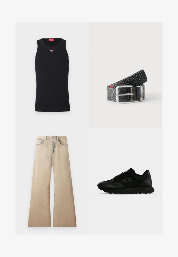 Sort ærmeløs Diesel tanktop med lille rødt og hvidt logo på brystet og rød Diesel-etiket indeni kraven.; Beige brede jeans med falmet tekstur, fem-lomme design og syet detaljering langs sømmene. Midjebåndet har en traditionel knaplukning.; Sort lavtop sneakers med tekstureret læder og stofpaneler, snørelukning og tyk gummisål på en ensfarvet lys baggrund.; Sort Diesel-bælte med stor hvid logo tekst, rektangulært sølvspænde og brandet metal-loop detalje, rullet sammen på en lys baggrund.