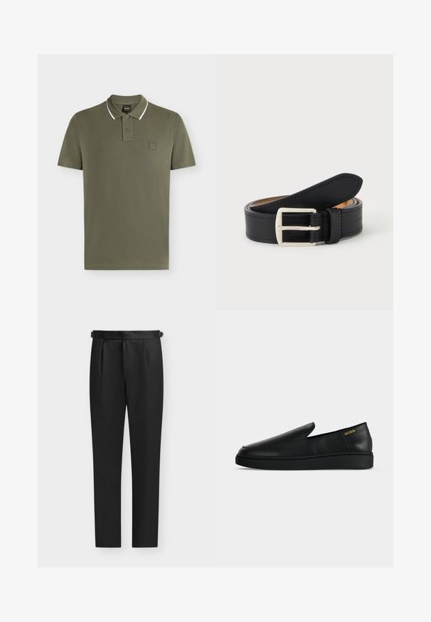 Polo manches courtes vert olive avec deux boutons, bord blanc sur le col et petit logo en relief sur la poitrine.; Pantalon formel noir fuselé avec des plis près de la taille et des sangles latérales réglables, présenté sur fond clair.; Chaussure noire en cuir à enfiler avec semelle épaisse et marquage "HUGO" en or près du talon sur un fond uni gris clair.; Ceinture en cuir noir roulée avec une boucle en métal argenté rectangulaire visible sur un fond clair uni.