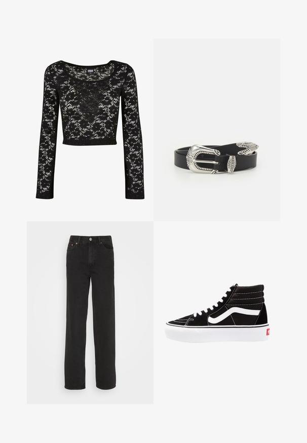 Zwart kanten cropped top met lange mouwen. Heeft een bloemenpatroon, ronde halslijn en een semi-doorzichtige textuur. Zacht, lichtgewicht materiaal.; Zwarte rechte jeans met vijf zakken, een knoop aan de voorkant en riemlussen, weergegeven tegen een witte achtergrond.; Zwarte high-top sneakers met witte veters, een wit logo en contrasterende witte stiksels. Heeft een dikke witte zool en een bovenwerk van gestructureerd suede.; Zwarte leren riem met een grote zilveren metalen gesp met ingewikkelde details en decoratieve accenten aan beide uiteinden.