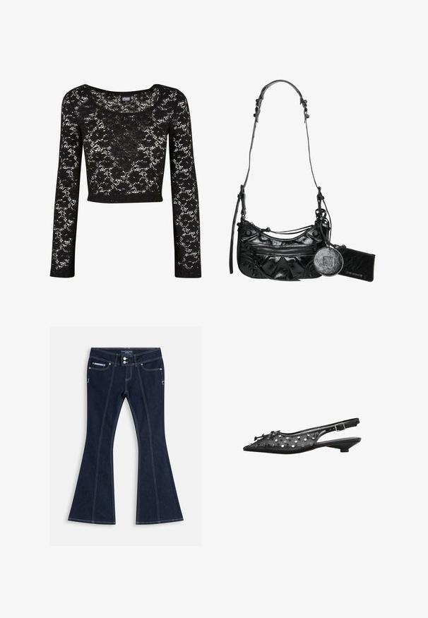 Top corto de encaje negro con mangas largas. Presenta un estampado floral, cuello redondo y una textura semitransparente. Material suave y ligero.; Vaqueros acampanados azul oscuro con costuras blancas, bolsillos delanteros, trabillas para cinturón y dos botones plateados en la cinturilla.; Zapato plano de punta puntiaguda con tiras traseras negras, tachuelas plateadas, laterales de malla, un pequeño lazo en la parte superior y una correa ajustable con hebilla en el talón.; Bolso de mano de cuero sintético negro con un diseño curvado, bolsillo frontal con cremallera y herrajes decorativos, acompañado de un monedero redondo desmontable.