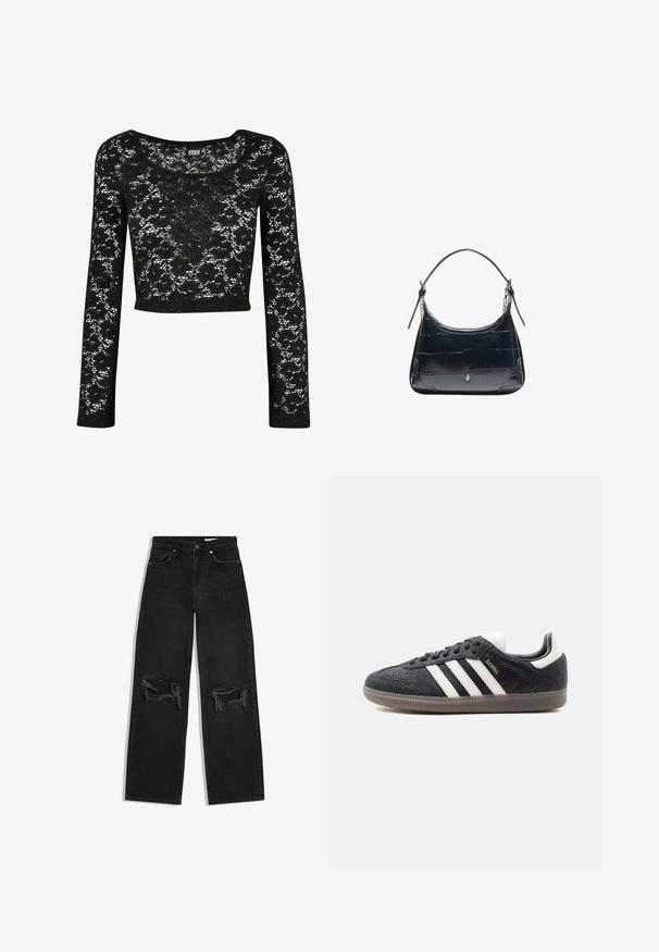 Zwart kanten cropped top met lange mouwen. Heeft een bloemenpatroon, ronde halslijn en een semi-doorzichtige textuur. Zacht, lichtgewicht materiaal.; Zwarte denim recht gesneden jeans met versleten gescheurde gaten bij beide knieën, voorzakken en een tailleband met knoopsluiting.; Zwarte Adidas Samba sneaker met witte strepen, gumzool en gouden "Samba" tekst aan de zijkant, gezien van links op een effen achtergrond.; Zwarte leren schoudertas met krokodillenstructuur en zilveren gesp, met verstelbare riem met kettinkdetails op een witte achtergrond.