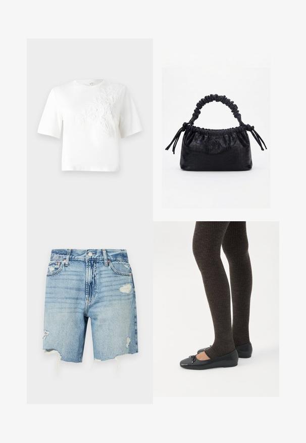 T-shirt en coton blanc à manches courtes, avec un broderie florale texturée sur le côté gauche. Encolure ronde, coupe décontractée.; Shorts en denim bleu clair à taille haute. Présentent des détails effilochés avec un ourlet effiloché et plusieurs poches. Design classique à cinq poches.; Jambes portant des leggings côtelés foncés associés à des ballerines noires avec de petits détails en nœud sur fond blanc.; Sac à main noir avec texture crocodile, bord supérieur froncé, poignée plissée et pompons à cordon de chaque côté sur fond blanc.