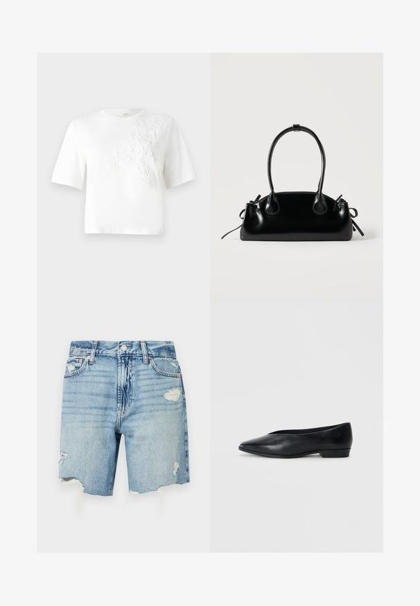 T-shirt en coton blanc à manches courtes, avec un broderie florale texturée sur le côté gauche. Encolure ronde, coupe décontractée.; Shorts en denim bleu clair à taille haute. Présentent des détails effilochés avec un ourlet effiloché et plusieurs poches. Design classique à cinq poches.; Chaussure plate en cuir noir avec un bout pointu, un léger talon surélevé et une surface lisse. Design simple sans matériel ou motifs visibles.; Petit sac à main noir brillant avec deux longues anses et des détails à cordon sur les côtés sur un fond clair uni.