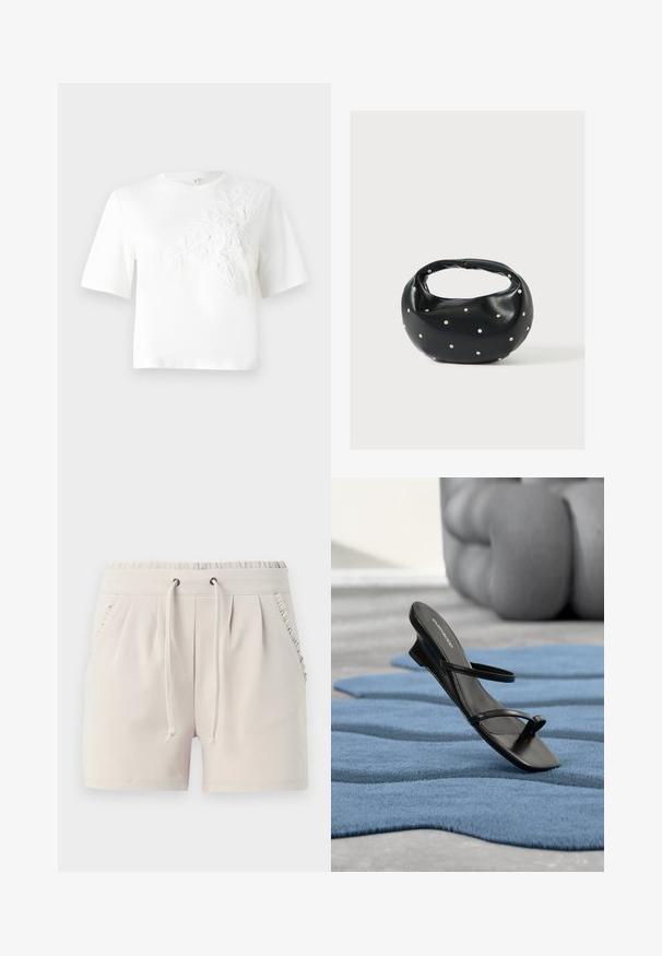 T-shirt en coton blanc à manches courtes, avec un broderie florale texturée sur le côté gauche. Encolure ronde, coupe décontractée.; Shorts beige clair avec une taille élastique, un cordon de serrage, des poches latérales et des volants le long des bords des poches. Texture de tissu douce.; Sandale noire à brides avec boucle d’orteil exposée sur un tapis texturé bleu, avec un grand objet décoratif gris flouté en arrière-plan.; Sac à main en cuir noir de forme arrondie, décoré de clous argentés et équipé d'une poignée courte. Texture lisse et fermeture éclair.
