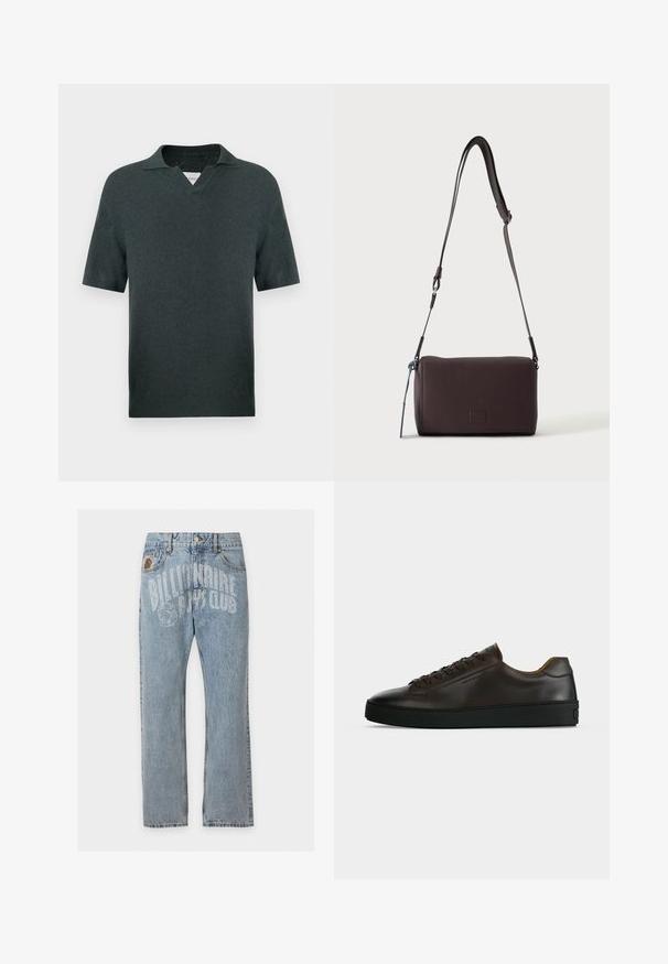 Polo à manches courtes de couleur vert foncé, en tissu tricoté texturé, avec un col classique et une encolure en V. Silhouette simple et élégante.; Jean en denim bleu clair avec poches avant et texte "Billionaire Boys Club" ainsi que logo d’astronaute imprimés sur la partie haute avant.; Baskets basses en cuir marron foncé avec semelle en caoutchouc noire, lacets à l'avant et design minimaliste épuré sur fond clair.; Sac bandoulière en cuir marron foncé texturé avec une sangle réglable et un petit accent décoratif bleu sur le côté.