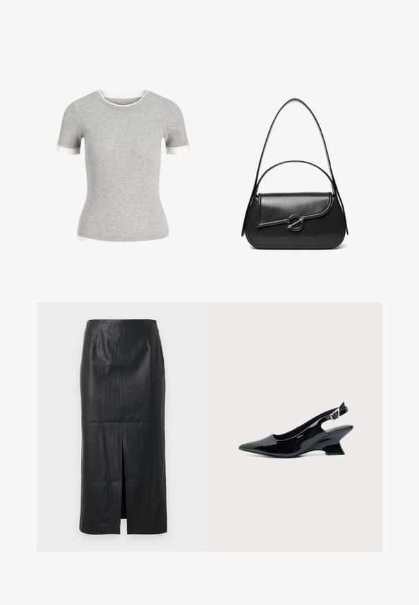 Camiseta de punto gris ajustada de manga corta con ribete blanco en las mangas, el escote y el dobladillo.; Falda midi de cuero negro con una abertura frontal, textura suave, diseño ajustado y un sutil detalle de costura en la parte delantera.; Zapato slingback de cuero charol negro con puntera puntiaguda y tacón bajo en bloque inclinado sobre fondo claro liso.; Bolso de hombro de cuero negro con una solapa curva asegurada por un broche metálico redondo y una correa delgada y ajustable.