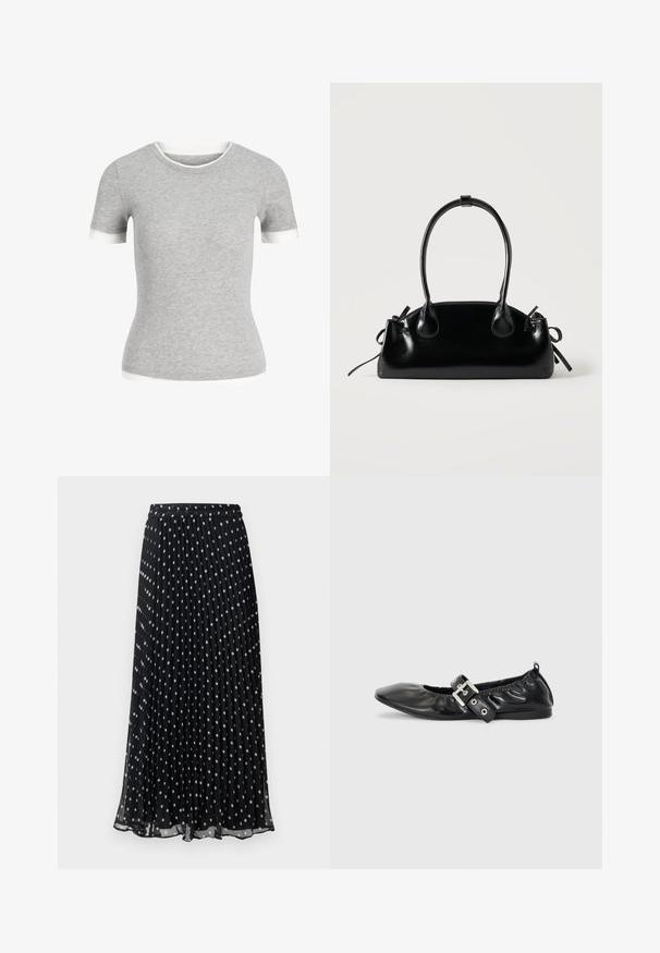 Camiseta de punto gris ajustada de manga corta con ribete blanco en las mangas, el escote y el dobladillo.; Falda negra plisada con lunares blancos, presenta una cintura elástica y un diseño fluido, confeccionada con tela ligera.; Zapato plano de piel negra con puntera afilada, detalle fruncido alrededor de la abertura y un acento de hebilla plateada en la correa ajustable.; Pequeño bolso negro brillante con dos asas largas y detalles de cordón lateral sobre un fondo claro liso.
