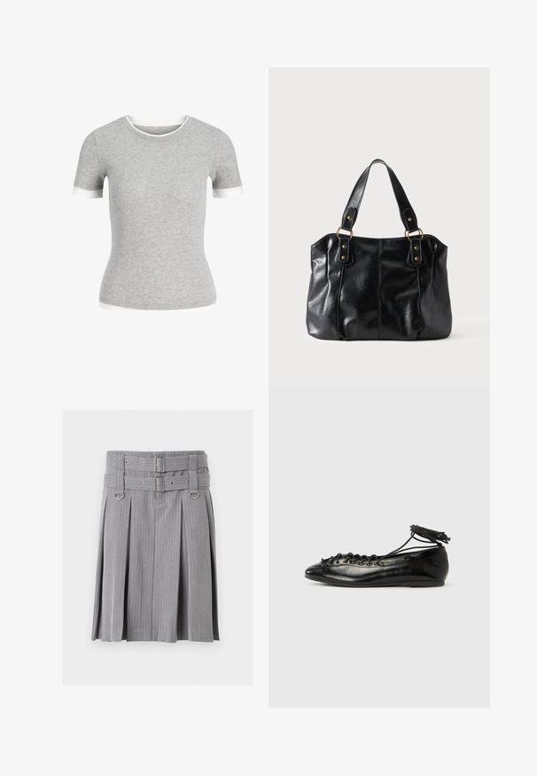Aansluitend grijs gebreid T-shirt met korte mouwen en witte biezen aan de mouwen, halslijn en zoom.; Grijze plissé rok met spijkerstreep, dubbele riem en zilveren gespen, met D-ring accenten in de taille.; Zwarte ballerina's van lakleer met een afgeronde neus, veterdesign en een platte zool. Glad oppervlak met minimale details.; Zwarte leren schoudertas met dubbele bandjes bevestigd met gouden ringen en klinknagels, glad en licht glanzend oppervlak, eenvoudig ontwerp.