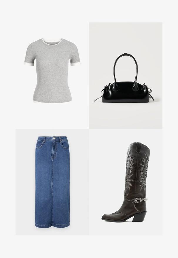Camiseta de punto gris ajustada de manga corta con ribete blanco en las mangas, el escote y el dobladillo.; Falda larga de mezclilla en azul oscuro, con corte recto, cinturilla con cierre de botón y detalles de costura mínimos.; Bota cowboy de cuero negro con recortes decorativos, hebilla plateada y tacón inclinado, presentada sobre fondo blanco.; Pequeño bolso negro brillante con dos asas largas y detalles de cordón lateral sobre un fondo claro liso.