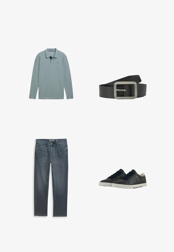 Langærmet polo-shirt i lys blå med en kontrastfarvet navy krave. Cotton materiale, med et lille logo på venstre bryst. Klassisk pasform.; Mørkegrå afslappede jeans med lynlås, fem-lomme design og subtilt slid. Lavet af denim med en glat tekstur.; Marine læder sneakers med hvide gummisåler, rund tå og sorte snørebånd. Subtile teksturer og branding på siderne. Casual design.; Sort læderbælte med en rektangulær sølvmetalspænde med en midterstift og stikning i kanten. Brandnavn præget på spænde.