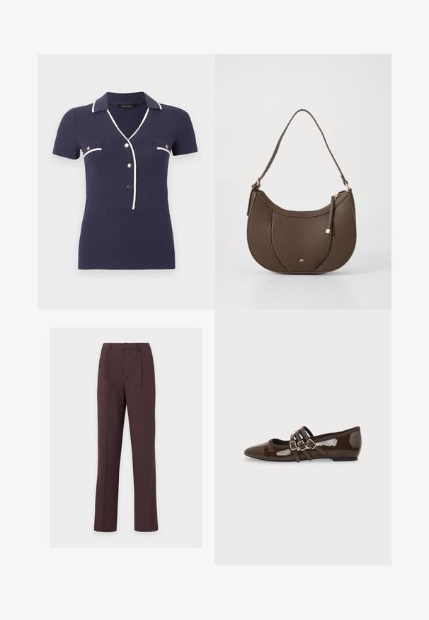 Haut en maille bleu marine à manches courtes avec bordure blanche, boutons dorés, deux poches poitrine et col en V.; Pantalon droit marron foncé sur mesure avec passants pour ceinture et plis à l'avant, présenté sur un fond clair uni.; Chaussure plate en cuir verni marron avec bout pointu et trois brides ajustables à boucle sur le côté, vue du profil extérieur.; Sac à main en cuir brun avec une forme courbée, accentué par un petit détail en métal doré et une surface texturée, doté d'une fermeture éclair.