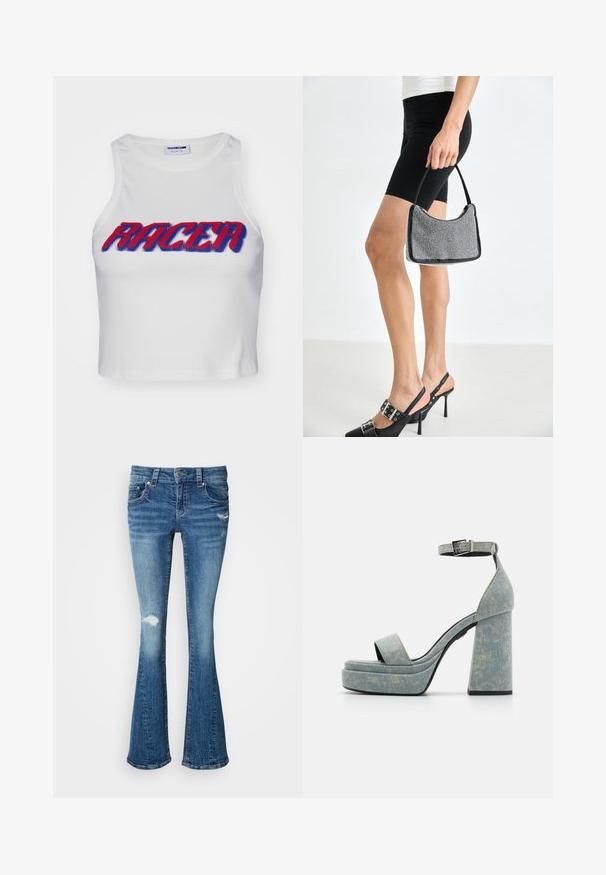 Hvid ribbet cropped tanktop med ordet "RACER" i fed rød og blå skrift over forsiden.; Blå denim flared jeans med en mellemhøj talje, slidte detaljer på knæene og en glat, struktureret overflade gennemgående.; Denim platform-sandaler med en tyk blokhæl, åben tå og ankelrem med en metalspænde. Lys blå med subtil tekstur.; Sort perlehandtaske med en buet silhuet, bærehåndtag og blank overflade. Båret med højhælede sorte sko og tætsiddende sorte shorts.