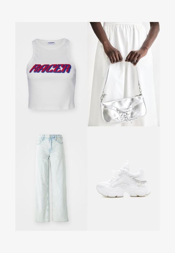 Top corto de tirantes acanalado blanco con la palabra "RACER" en letras negritas rojas y azules en la parte frontal.; Jeans de pierna ancha de talle alto en denim de color azul claro. Cuenta con cinco bolsillos y cierre de botón. Textura desgastada en los muslos.; Zapatilla blanca de estilo grueso con suela gruesa, cierre de cordones en la parte frontal y detalle de cadena con perlas colgantes en el talón.; Bolso metálico plateado con detalle de cordones, que presenta un diseño elegante y una correa corta. El bolso está sostenido con las manos, mostrando su textura.