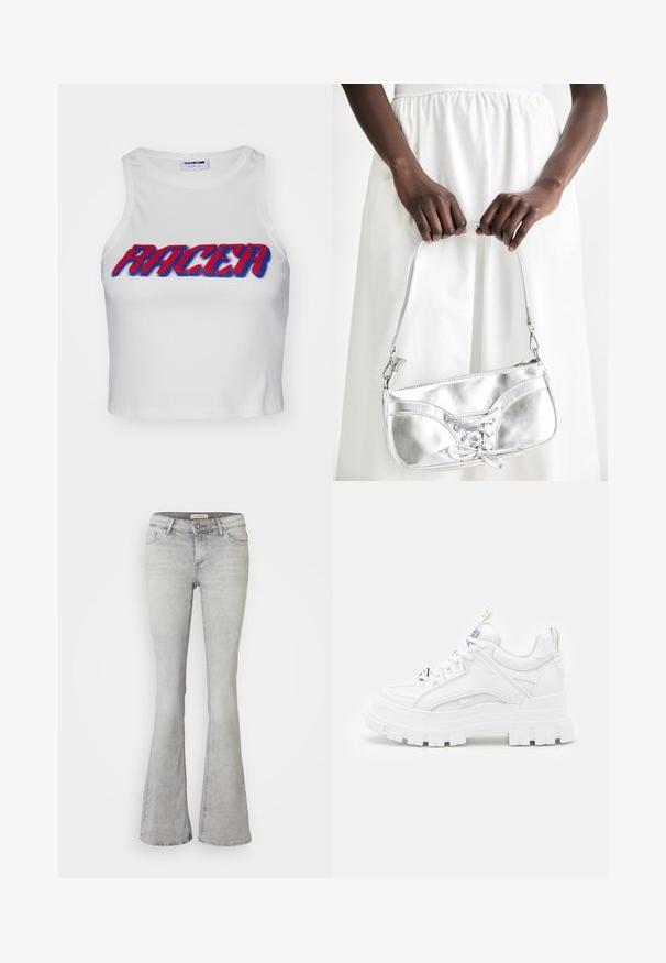 Top corto de tirantes acanalado blanco con la palabra "RACER" en letras negritas rojas y azules en la parte frontal.; Jeans de mezclilla gris acampanados con una cintura ajustada, diseño de cinco bolsillos y ligero desvanecimiento. Cuentan con un cierre de botón y dobladillo cosido.; Zapatillas deportivas blancas y gruesas con un revestimiento texturizado, cuello acolchado y suela gruesa y estriada. Presentan cordones negros en contraste y un detalle de marca.; Bolso metálico plateado con detalle de cordones, que presenta un diseño elegante y una correa corta. El bolso está sostenido con las manos, mostrando su textura.