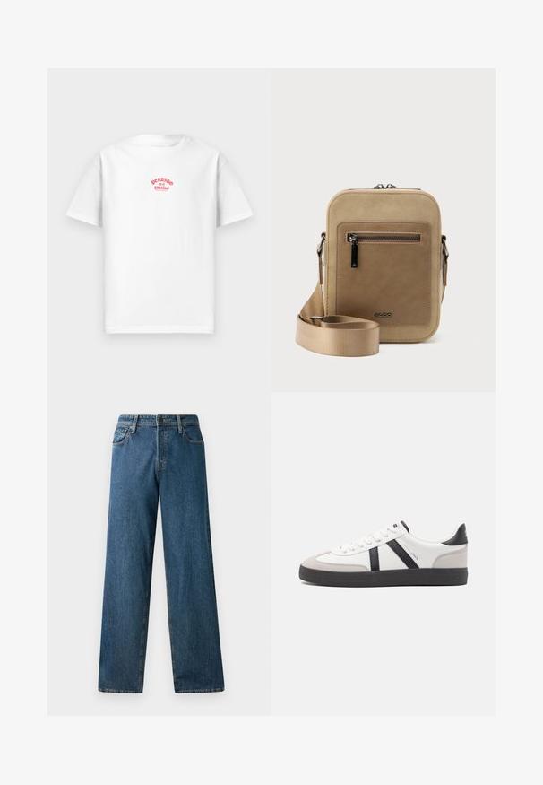 Weißes Baumwoll-T-Shirt mit rotem Druckdesign, das "Perdido en el paraíso" über die Brust liest, mit kurzen Ärmeln und lockerer Passform.; Dunkelblaue Jeans aus Denim mit einem lässigen Schnitt, geraden Beinen, fünf Taschen und kontrastierenden Nähten. Verfügt über einen Frontknopf und einen Reißverschluss.; Weiße Sneaker mit schwarz- und grau-aczenten, ausgestattet mit einer strukturierten grauen Zehenkappe, schwarzer Gummi-Sohle und flachen weißen Schnürsenkeln. Sauberes Design, minimalistische Stil.; Kleine beige Umhängetasche mit vorderer Reißverschlusstasche, metallischem ALDO-Logo, verstellbarem breitem Riemen und abgerundeter rechteckiger Form vor weißem Hintergrund.