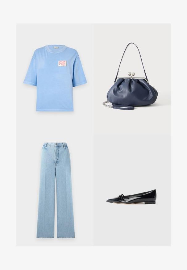 T-shirt en coton bleu clair à manches courtes avec une étiquette carrée rouge et blanche portant l'inscription "CLOSED PRODUTTORE DI JEANS DAL 1978."; Jeans larges bleu clair en denim avec une taille haute, comprenant cinq passants de ceinture, une fermeture à bouton à l'avant et des coutures cousues.; Chaussure plate en cuir verni noir avec un bout pointu, une petite lanière décorative et un petit talon carré. Texture lisse et design épuré.; Sac à main en cuir bleu marine doux avec fermeture à boucle argentée, une seule bandoulière, et une chaîne de poignet amovible sur fond blanc.