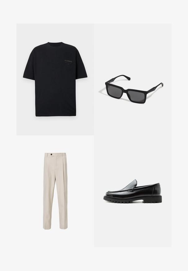 Zwart T-shirt met korte mouwen en ronde hals met klein "ALLSAINTS" logo gedrukt op de bovenste linkerborst.; Beige op maat gemaakte broek met een recht model, voorzien van voorplooien, een knoopsluiting en een gladde stofstructuur.; Zwarte leren loafer met dikke rubberen zool, gestikte bovenkant en gegraveerde merknaam op de hiel, zijaanzicht op witte achtergrond.; Zwarte zonnebril met rechthoekige lenzen, matte afwerking, dikke montuur en slanke veren met subtiele merkaanduiding.