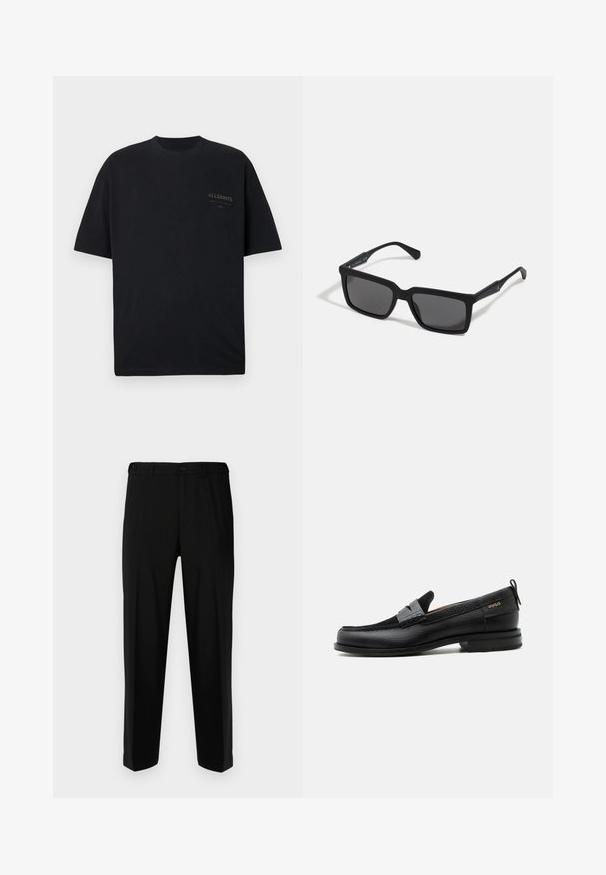 Camiseta negra de manga corta con cuello redondo y pequeño logo "ALLSAINTS" impreso en la parte superior izquierda del pecho.; Pantalones negros de tela suave, con corte recto, dos bolsillos frontales y cremallera con cierre de botón.; Mocasín de cuero negro con detalle de tira gris, tacón bajo y suela texturizada, con la marca "HUGO" en oro en el lateral.; Gafas de sol negras con lentes rectangulares, acabado mate, montura gruesa y brazos delgados con un discreto detalle de marca.