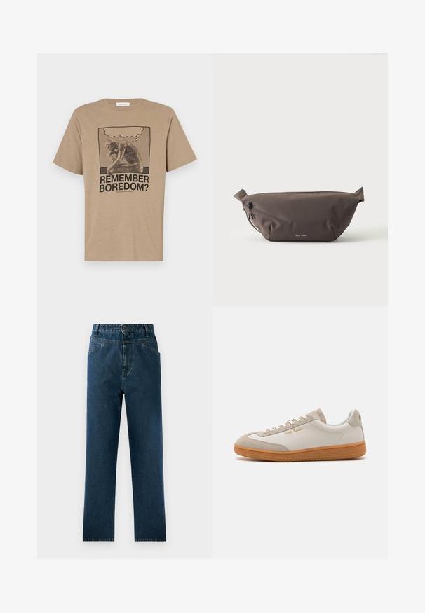 Beige bomulds t-shirt med et grafisk motiv af en tænksom figur og teksten "HUSKER DU KEDSELIGEHED?" trykt i sort. Rund hals design.; Mørkeblå denim straight-leg jeans med høj talje, der har forlommer og en knaplukning. Struktureret stof med subtil falmning.; Hvide og beige lavtoppede sneakers med gummisål, hvide snørebånd, detaljer i ruskind og guld "Paul Smith" logo på siden.; Mørkebrun stof talje taske med diagonalt lynlåslomme og lille hvidt logo på fronten, sat mod en ensfarvet lys baggrund.