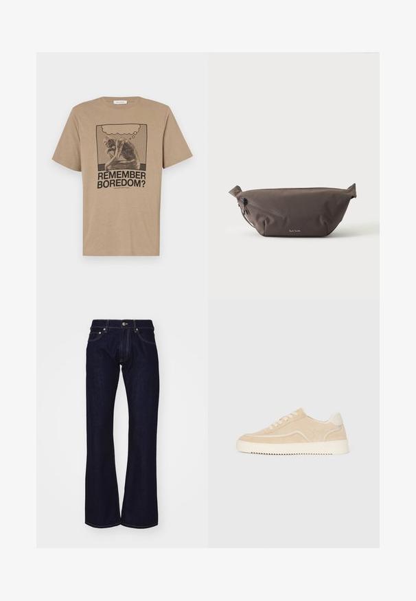 Beige katoenen t-shirt met een grafisch ontwerp van een figuur die zit na te denken en de tekst "HERINNER JE JE VERVELING?" gedrukt in zwart. Rond de hals ontwerp.; Donkerblauwe denim flared jeans met een hoge taille, voorzien van contrasterende gele stiksels en metalen accenten bij de taille en zakken.; Beige suède sneaker met witte zool en veters, low-top ontwerp en zigzagprofiel op de zool.; Donkerbruine stoffen heuptas met diagonale ritssluiting en klein wit logo aan de voorkant, tegen een effen lichte achtergrond.