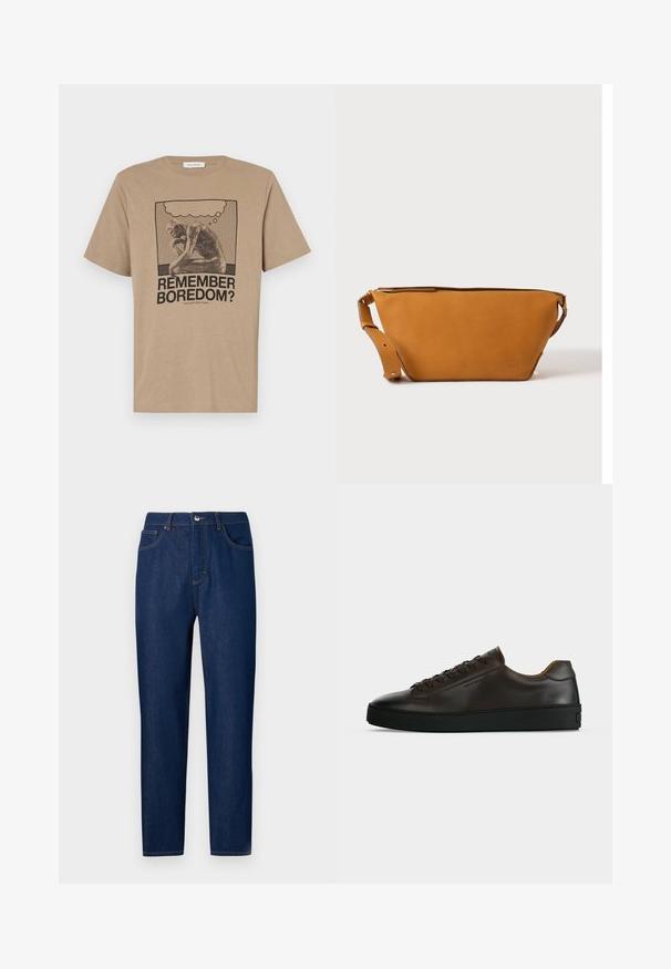 Beige katoenen t-shirt met een grafisch ontwerp van een figuur die zit na te denken en de tekst "HERINNER JE JE VERVELING?" gedrukt in zwart. Rond de hals ontwerp.; Les Benjamins Straight leg jeans - rinse wash; Low-profile donkerbruine leren sneaker met zwarte rubberen zool, veters aan de voorkant en een strak minimalistisch design op een lichte achtergrond.; Lichtbruine leren crossbodytas met verstelbare band en ritssluiting, getoond tegen een effen lichte achtergrond.