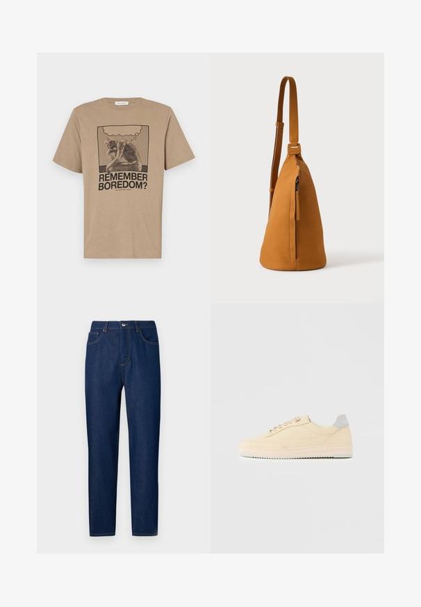 Beige bomulds t-shirt med et grafisk motiv af en tænksom figur og teksten "HUSKER DU KEDSELIGEHED?" trykt i sort. Rund hals design.; Les Benjamins Jeans Straight Leg - rinse wash; Beige lavtop sneaker med snørelukning foran, lyserød sål og grå hællap med mærket "Filling Pieces", vist i profil på ensfarvet baggrund.; Tan læder crossbodytaske med justerbar rem og lodret lynlåslomme, vist fra siden mod en ensfarvet lys baggrund.