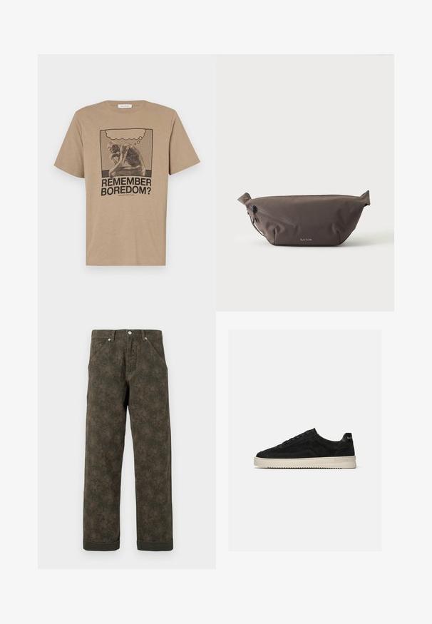 Beige bomulds t-shirt med et grafisk motiv af en tænksom figur og teksten "HUSKER DU KEDSELIGEHED?" trykt i sort. Rund hals design.; Mørkegrønne bukser med subtil blomsterprint, frontknap, lommer og opsmøgede kanter.; Sort ruskind lav-sneaker med sorte snørebånd og hvid gummisål, sidevisning på ensartet lys grå baggrund.; Mørkebrun stof talje taske med diagonalt lynlåslomme og lille hvidt logo på fronten, sat mod en ensfarvet lys baggrund.