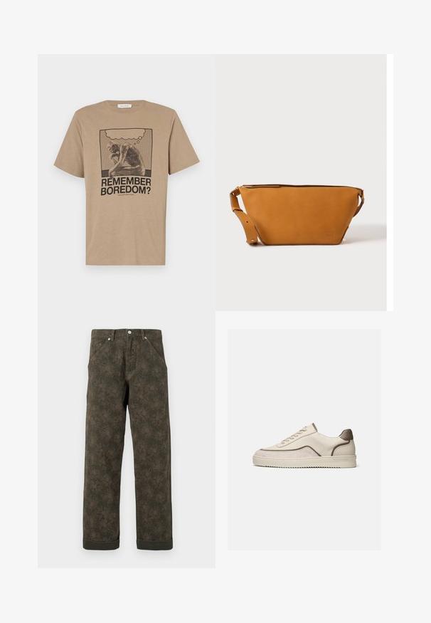 Beige bomulds t-shirt med et grafisk motiv af en tænksom figur og teksten "HUSKER DU KEDSELIGEHED?" trykt i sort. Rund hals design.; Mørkegrønne bukser med subtil blomsterprint, frontknap, lommer og opsmøgede kanter.; Lavtop beige sneaker med snørelukning, ruskind- og læderpaneler og en rillede gummisål på en ensfarvet hvid baggrund.; Lys brun læder crossbody taske med justerbar rem og lynlås, vist mod en ensartet lys baggrund.