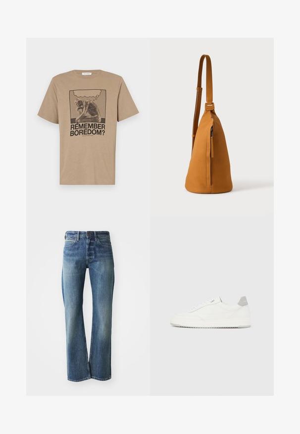 Camiseta de algodón beige con un gráfico de una figura pensativa y el texto "¿RECUERDAS EL ABURRIMIENTO?" impreso en negro. Diseño de cuello redondo.; Vaqueros de mezclilla en un color azul claro a medio, con corte recto, diseño clásico de cinco bolsillos y un sutil desgaste en la parte frontal.; Zapatilla blanca de corte bajo con pestaña en el talón gris, cordones blancos y suela texturizada, presentada sobre un fondo claro y liso.; Bolso bandolera de piel color canela con correa ajustable y bolsillo vertical con cremallera, mostrado de lado sobre un fondo claro y liso.