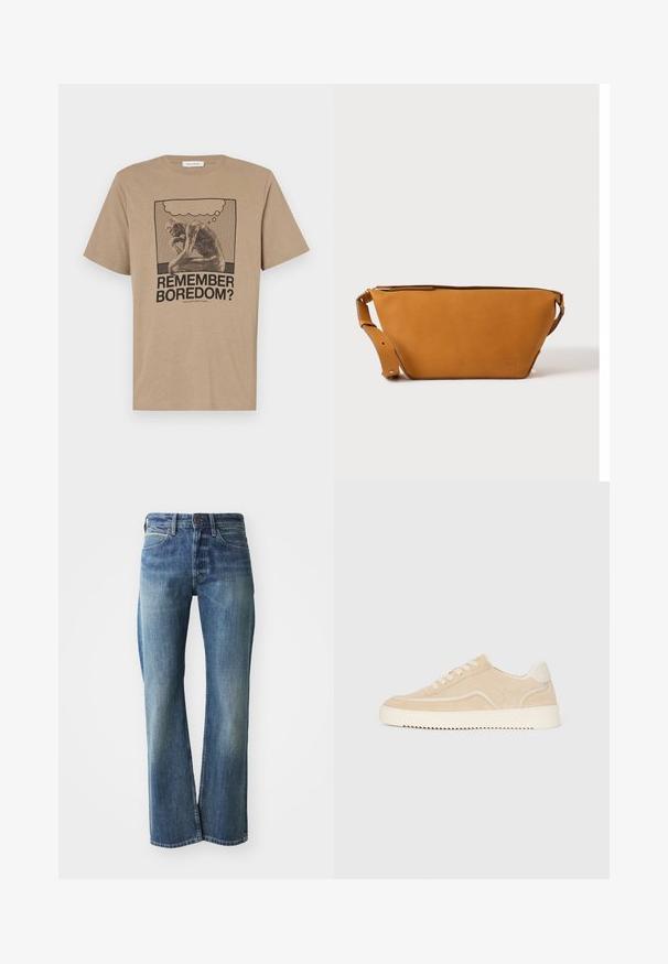 Beige Baumwoll-T-Shirt mit einem Grafikdruck, der eine nachdenkliche Figur und den Text "ERINNERST DU DICH AN LANGWEILE?" in Schwarz zeigt. Mit Rundhalsausschnitt.; Jeans aus Denim in einem hellen bis mittleren Blauton, mit geradem Schnitt, klassischem Fünf-Taschen-Design und subtiler Ausbleichung auf der Vorderseite.; Beige Wildlederschuh mit weißer Sohle und Schnürsenkeln, niedrig geschnittenes Design und Zickzackprofil auf der Sohle.; Hellbraune Leder-Umhängetasche mit verstellbarem Schulterriemen und Reißverschluss, vor einem schlichten hellen Hintergrund gezeigt.