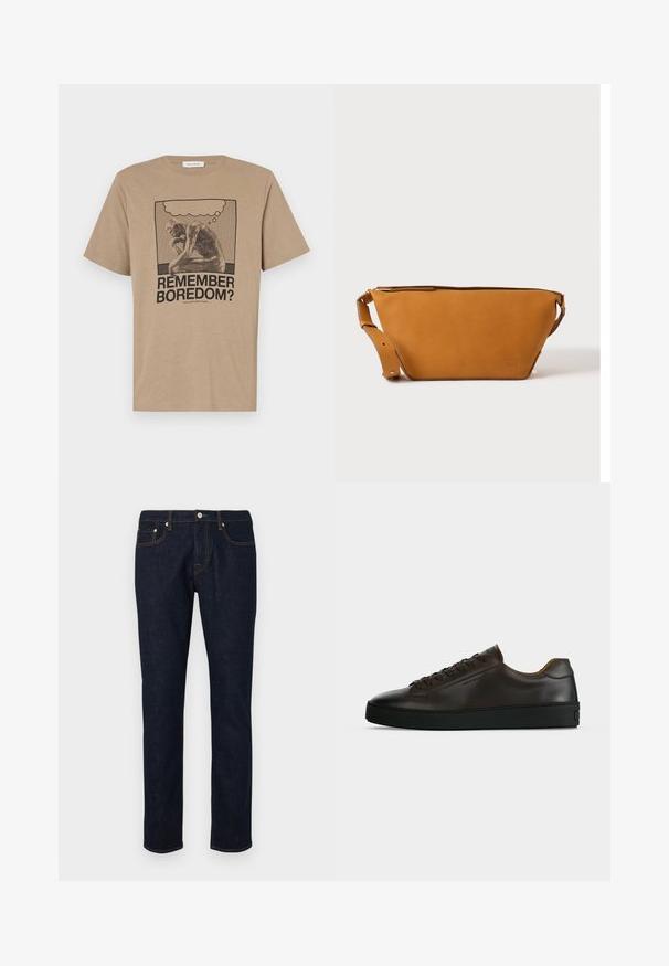 Beige katoenen t-shirt met een grafisch ontwerp van een figuur die zit na te denken en de tekst "HERINNER JE JE VERVELING?" gedrukt in zwart. Rond de hals ontwerp.; Donkerdenim jeans met een rechte pijpdesign, voorzien van contrasterende stiksels, vijf-pocketstijl en een knoopsluiting in de taille.; Low-profile donkerbruine leren sneaker met zwarte rubberen zool, veters aan de voorkant en een strak minimalistisch design op een lichte achtergrond.; Lichtbruine leren crossbodytas met verstelbare band en ritssluiting, getoond tegen een effen lichte achtergrond.