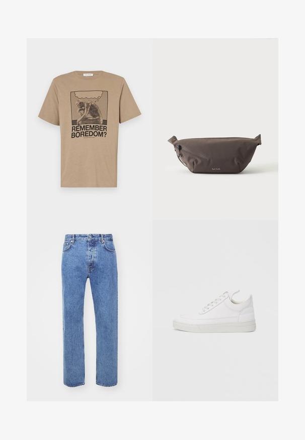 Beige bomulds t-shirt med et grafisk motiv af en tænksom figur og teksten "HUSKER DU KEDSELIGEHED?" trykt i sort. Rund hals design.; Won Hundred STEVE - Jeans Relaxed Fit - cut blue; Hvid lædersneaker med rundet tå, flad sål og snørebånd foran. Har syningsdetaljer og polstret krave for komfort.; Mørkebrun stof talje taske med diagonalt lynlåslomme og lille hvidt logo på fronten, sat mod en ensfarvet lys baggrund.