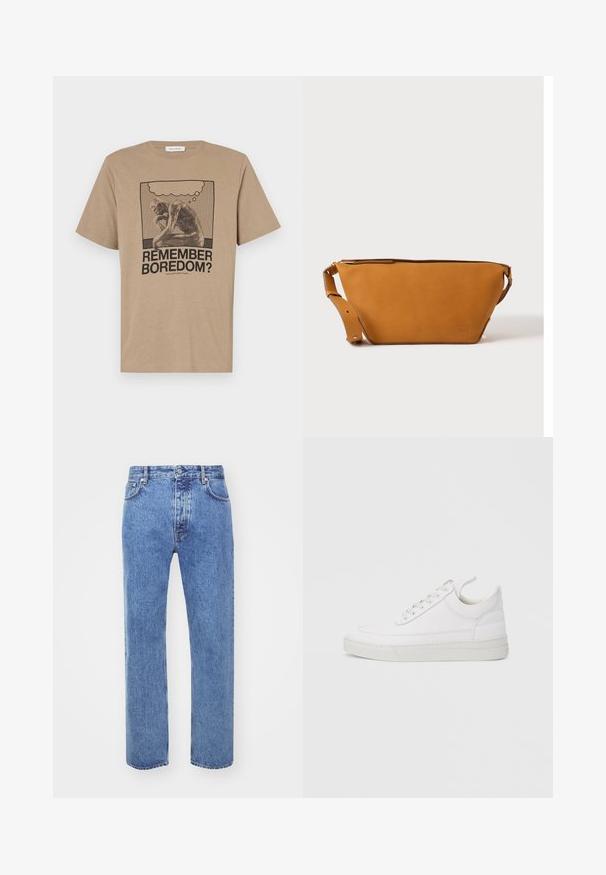 Beige katoenen t-shirt met een grafisch ontwerp van een figuur die zit na te denken en de tekst "HERINNER JE JE VERVELING?" gedrukt in zwart. Rond de hals ontwerp.; Won Hundred STEVE - Relaxed fit jeans - cut blue; Witte leren sneaker met een afgeronde neus, platte zool en veters aan de voorkant. Voorzien van stikseldetails en een gevoerde kraag voor comfort.; Lichtbruine leren crossbodytas met verstelbare band en ritssluiting, getoond tegen een effen lichte achtergrond.