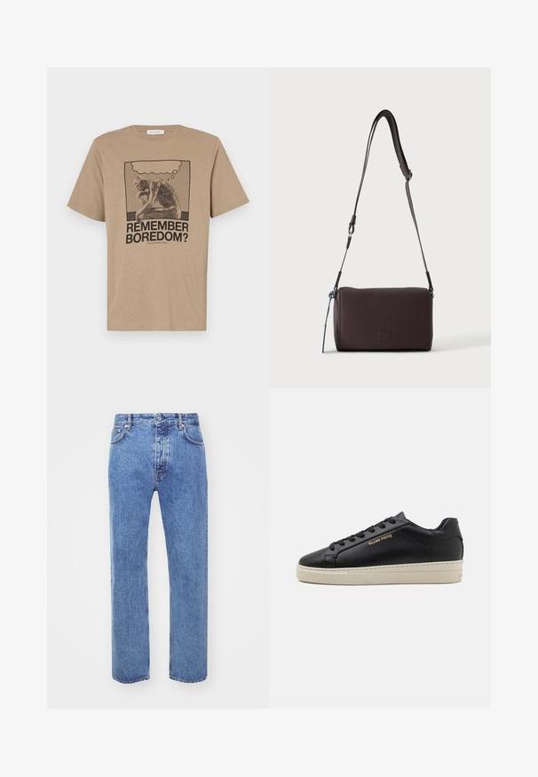 Beige katoenen t-shirt met een grafisch ontwerp van een figuur die zit na te denken en de tekst "HERINNER JE JE VERVELING?" gedrukt in zwart. Rond de hals ontwerp.; Won Hundred STEVE - Relaxed fit jeans - cut blue; Zwarte leren sneaker met een gladde afwerking, contrasterende crèmekleurige zool, ronde neus, gouden logo aan de zijkant en zes gaatjes voor veters.; Donkerbruine gestructureerde leren crossbodytas met verstelbare riem en klein decoratief blauw accent aan de zijkant.