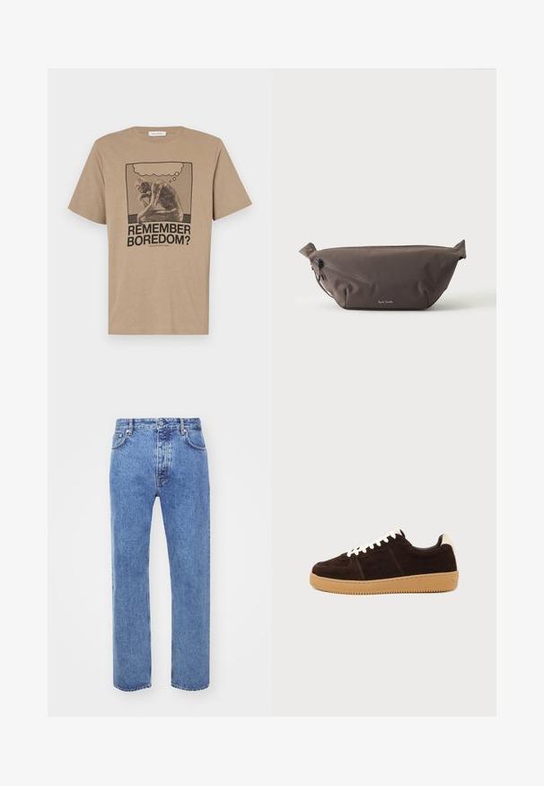 Camiseta de algodón beige con un gráfico de una figura pensativa y el texto "¿RECUERDAS EL ABURRIMIENTO?" impreso en negro. Diseño de cuello redondo.; Won Hundred STEVE - Vaqueros boyfriend - cut blue; Zapatilla de ante marrón oscuro con cordones blancos, lengüeta beige en el talón y suela de goma marrón claro vista de lado sobre fondo liso.; Riñonera de tela marrón oscuro con bolsillo diagonal con cremallera y pequeño logo blanco en el frontal, sobre un fondo liso y claro.