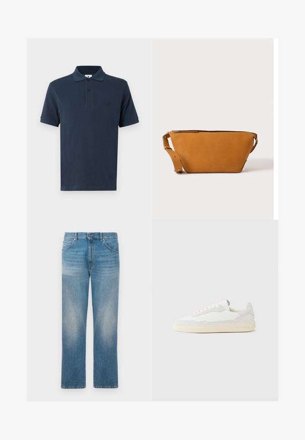 Marineblå polo t-shirt lavet af bomuld med en klassisk krave, korte ærmer og et subtilt kontrastlogo på venstre bryst. Glat tekstur.; Straight-leg blå denim jeans med slidte lapper på lår og knæ, med klassisk fem-lomme design og knaplukning.; Hvid sneakers med en øvre del i tekstureret ruskind og læder. Har rundet tå, snørelukning og kontrasterende beige gummisål.; Lys brun læder crossbody taske med justerbar rem og lynlås, vist mod en ensartet lys baggrund.
