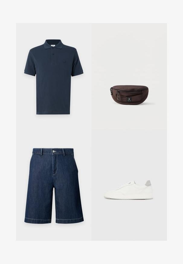 Polo de color azul marino hecho de algodón, con cuello clásico, mangas cortas y un sutil logo en contraste en el lado izquierdo del pecho. Textura suave.; Pantalones cortos de denim azul oscuro con bolsillos delanteros, trabillas para cinturón, cierre de botón y costuras blancas visibles sobre un fondo claro.; Zapatilla blanca de corte bajo con pestaña en el talón gris, cordones blancos y suela texturizada, presentada sobre un fondo claro y liso.; Neceser marrón con cremallera de forma redondeada, con una superficie texturizada, herrajes en negro y una pequeña etiqueta con el logo en la parte frontal.