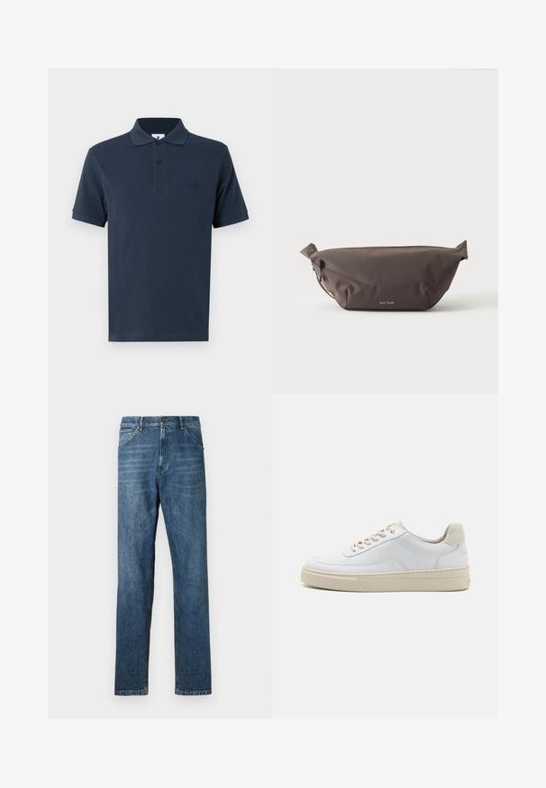 Polo de color azul marino hecho de algodón, con cuello clásico, mangas cortas y un sutil logo en contraste en el lado izquierdo del pecho. Textura suave.; Jeans de mezclilla azul oscuro, diseño de pierna recta, estilo de cinco bolsillos, costura visible y cierre clásico de botón. Ligera efecto de lavado en la tela.; Zapatilla blanca con parte superior de cuero suave, cordones beige y un tirador de talón de ante beige texturizado. Suela elevada para mayor altura.; Riñonera de tela marrón oscuro con bolsillo diagonal con cremallera y pequeño logo blanco en el frontal, sobre un fondo liso y claro.
