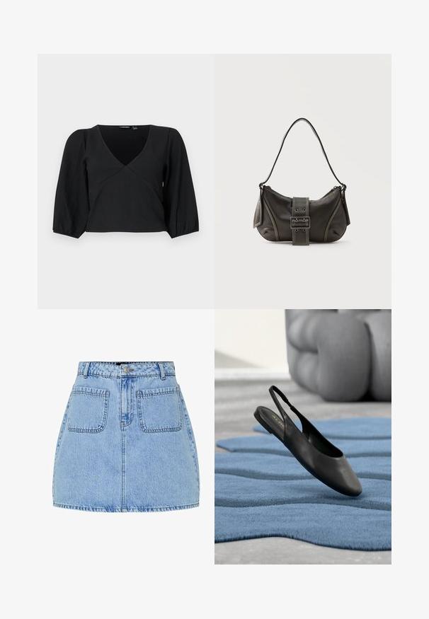Top de tirantes texturizado negro con escote en V, que cuenta con mangas largas abullonadas y un diseño estilo envolvente.; Minifalda de mezclilla azul claro con cintura alta, cierre frontal de botones y dos bolsillos traseros. Cuenta con costuras en contraste y un corte recto.; Zapato plano de cuero negro con correa trasera, descansando sobre una alfombra azul texturizada con un fondo acolchado gris.; Bolso de hombro de cuero negro con detalle de correa con hebilla, bordes curvos y costuras blancas en contraste sobre un fondo liso.