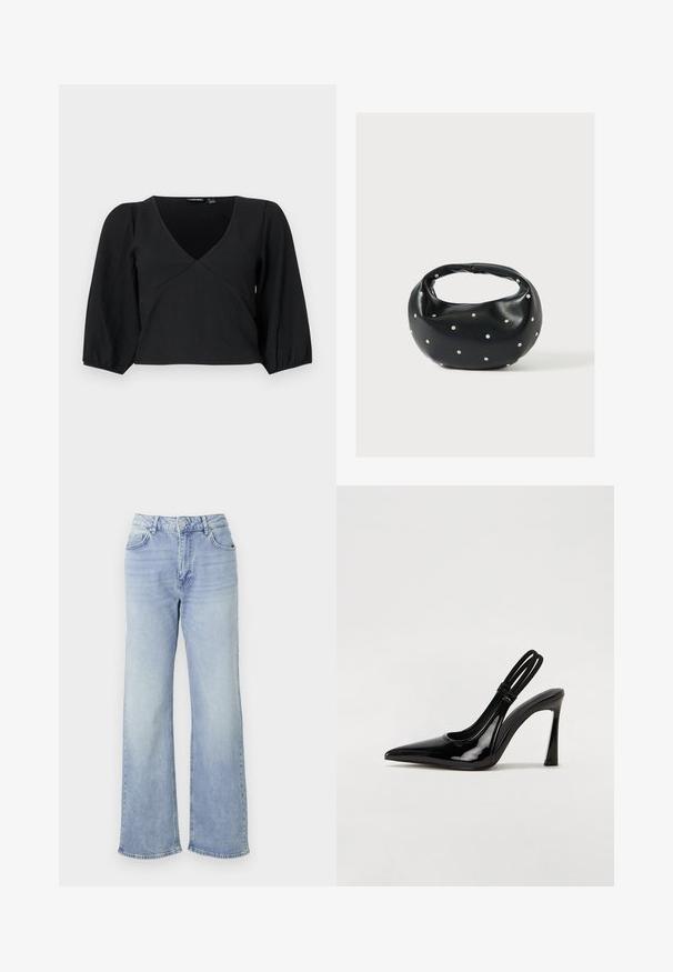 Sort, tekstureret pullover med V-udskæring, der har lange, pufærmer og en omslagstype design.; Lyseblå vide jeans lavet af denim, med høj talje, fem lommer og en kant med subtilt slid.; Sorte patenterede lædersædler med spidse tæer, slank høj hæl og dobbelt elastisk rem for sikker pasform. Glat, skinnende overflade.; Sort læderhåndtaske med en rundet form, dekoreret med sølvnitter, og et kort håndtag. Glat tekstur og lynlåslukning.