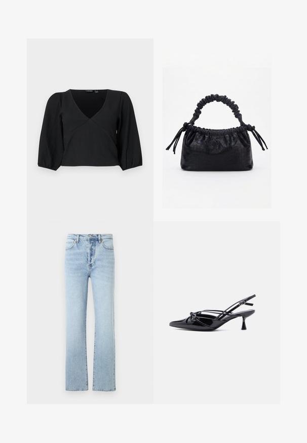 Pull noir texturé à col en V, avec de longues manches bouffantes et un design style wrap.; Jean en denim bleu clair avec une coupe droite, dotés d'une taille haute, d'un style classique à cinq poches et d'un léger effet délavé.; Escarpin slingback en cuir verni noir, bout pointu, petit talon kitten et nœud décoratif noué à l'avant.; Sac à main noir avec texture crocodile, bord supérieur froncé, poignée plissée et pompons à cordon de chaque côté sur fond blanc.