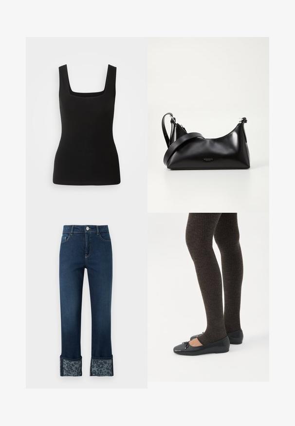 Débardeur sans manches noir avec un décolleté carré, fabriqué en tissu lisse ; design ajusté sans motifs ni accents en métal.; Jean en denim bleu foncé avec revers roulés dévoilant un tissu gris à imprimé léopard à l'intérieur, bouton à l'avant et poches.; Jambes portant des leggings côtelés foncés associés à des ballerines noires avec de petits détails en nœud sur fond blanc.; Sac à main en cuir noir avec une texture lisse. Dispose d'une bandoulière adjustable et d'un design élégant et minimaliste avec une fermeture éclair.