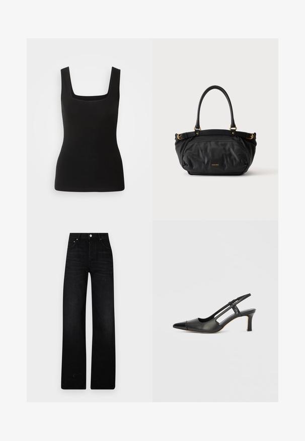 Débardeur sans manches noir avec un décolleté carré, fabriqué en tissu lisse ; design ajusté sans motifs ni accents en métal.; Jeans noirs à jambe large en denim. Présentent une taille haute, deux poches avant et une fermeture par bouton métallique. Fini texturé avec un léger délavage.; Chaussure à bride arrière en cuir noir avec bout pointu, dotée d'un accent brillant sur le bout et d'un talon de hauteur moyenne. Design latéral ouvert.; Sac à main en cuir noir avec deux anses, boucles dorées et un petit logo de marque doré au centre avant.