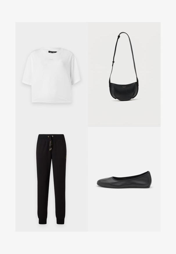 T-shirt blanc court en coton, avec un col rond et des manches courtes. Logo subtilement en relief sur le devant. Texture lisse.; Pantalon de survêtement noir avec une coupe fuselée, taille élastique, cordon de serrage doré et finitions côtelées ; présente un petit logo à l'avant.; Ballerines en cuir noir avec un bout rond, texture lisse, détails de couture minimalistes et design de semelle flexible.; Sac bandoulière en cuir noir en forme de croissant avec bandoulière réglable et petit logo doré au centre avant.