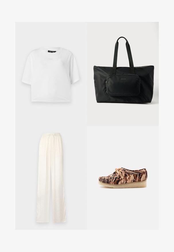 T-shirt blanc court en coton, avec un col rond et des manches courtes. Logo subtilement en relief sur le devant. Texture lisse.; Pantalons blancs amples avec une texture légère et satinée. Équipés d'une taille élastique avec un cordon à nouer et un motif subtil.; Chaussure style mocassin imprimé tigre avec semelle en crêpe beige et lacets marron ornés de perles noires, présentée de profil sur fond blanc.; Sac en nylon noir avec des poignées doubles, doté d'une poche zippée à l'avant, de quincaillerie en argent et d'une texture lisse. Fermeture éclair sur le dessus.