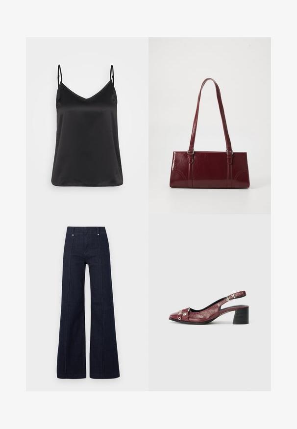Sort satin camisole med V-hals, tynde justerbare stropper og en glat, blank overflade. Ingen mønstre eller yderligere dekorationer.; Mørkeblå jeans med høj talje og vide ben, med forreste syninger og bæltestropper på en ensartet lys baggrund.; Bordeauxfarvet læderslippersko med rund tå, buet design, sølvhardwaredetaljer og blokhæl. Tekstureret finish.; Bordeaux håndtaske lavet af glansfuldt materiale, rektangulær form, med to skulderremme og subtile buede detaljer på forsiden.