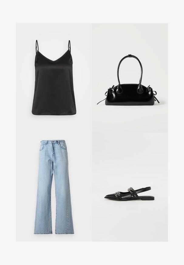 Sort satin camisole med V-hals, tynde justerbare stropper og en glat, blank overflade. Ingen mønstre eller yderligere dekorationer.; Lyseblå, højttaljede denimjeans med vide ben, forlommer, bæltestropper, lynlås og matchende denimbælte.; Even&Odd by Zalando Slingback-ballerinasko - black; Lille sort blank håndtaske med to lange håndtag og snøre-detaljer i siden på en ensfarvet lys baggrund.
