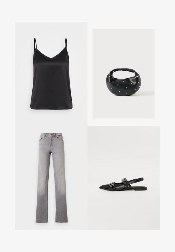 Sort satin camisole med V-hals, tynde justerbare stropper og en glat, blank overflade. Ingen mønstre eller yderligere dekorationer.; Lysegrå jeans med lige ben, fem lommer, knaplukning og synlige syninger, vist mod en hvid baggrund.; Even&Odd Slingback-ballerinasko - black; Sort læderhåndtaske med en rundet form, dekoreret med sølvnitter, og et kort håndtag. Glat tekstur og lynlåslukning.